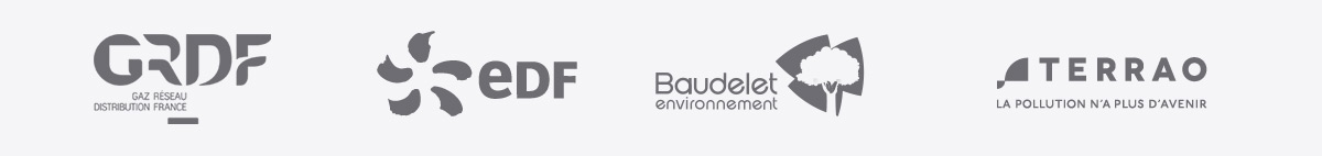 Logos des clients du studio : GRDF, EDF, Baudelet Environnement et Terrao